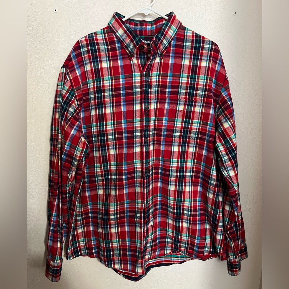 LAND'S END Classic Traditional Fit Plaid Flannel Button Down Shirt Red Men's XL